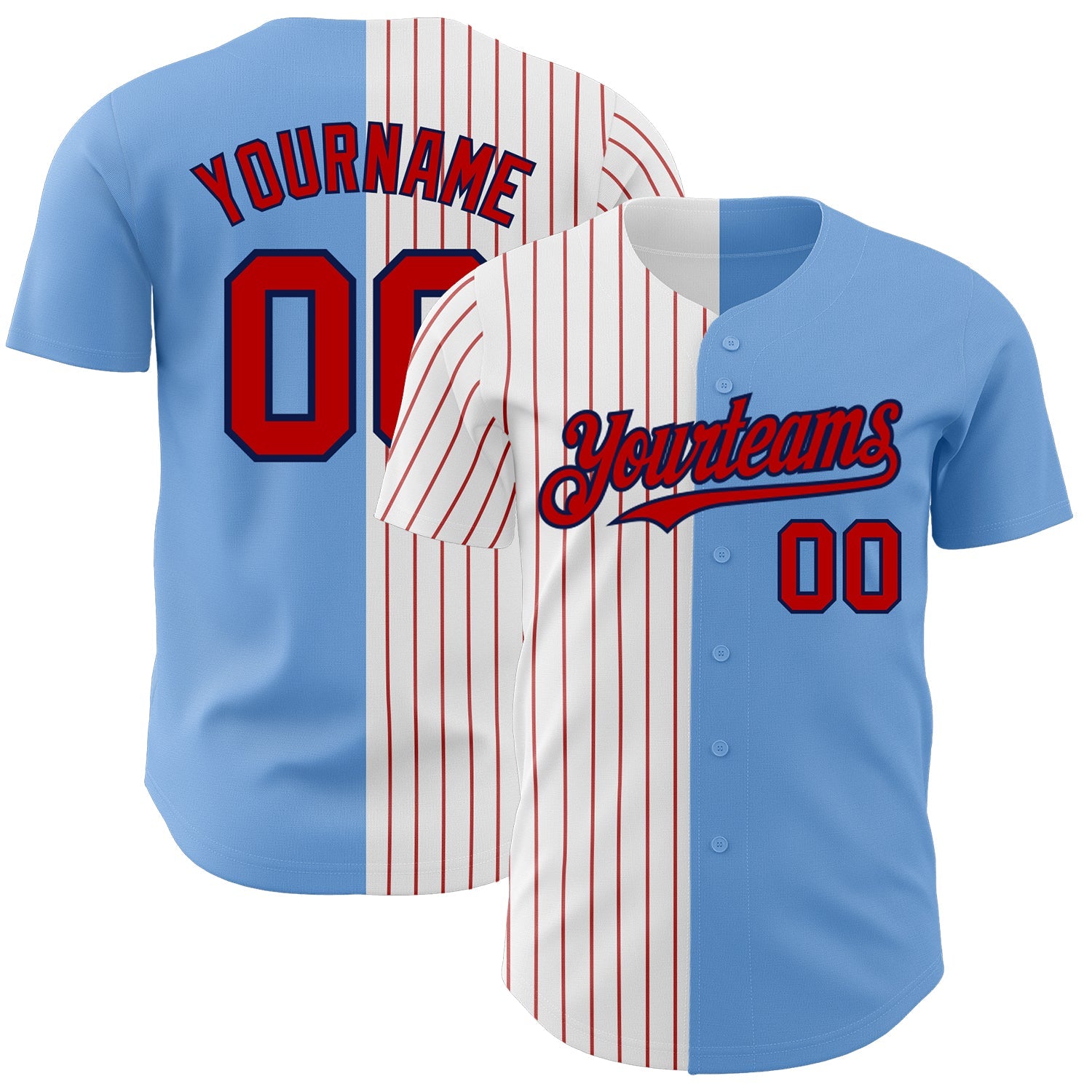 Custom Light Blue Navy-Red Pinstripe Authentic Split Fashion Baseball Jersey - Main View