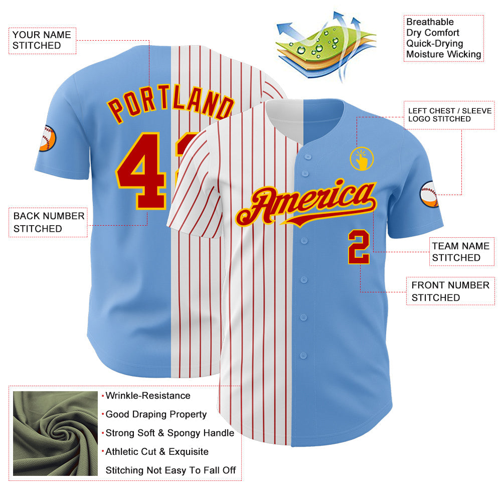 Custom Light Blue Yellow-Red Pinstripe Authentic Split Fashion Baseball Jersey view 3