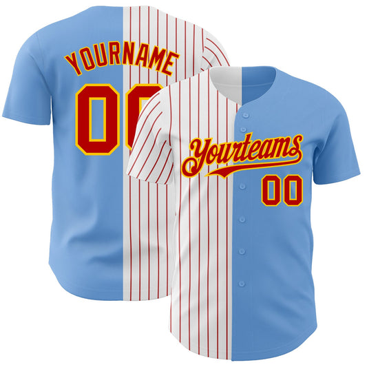 Custom Light Blue Yellow-Red Pinstripe Authentic Split Fashion Baseball Jersey - Main View
