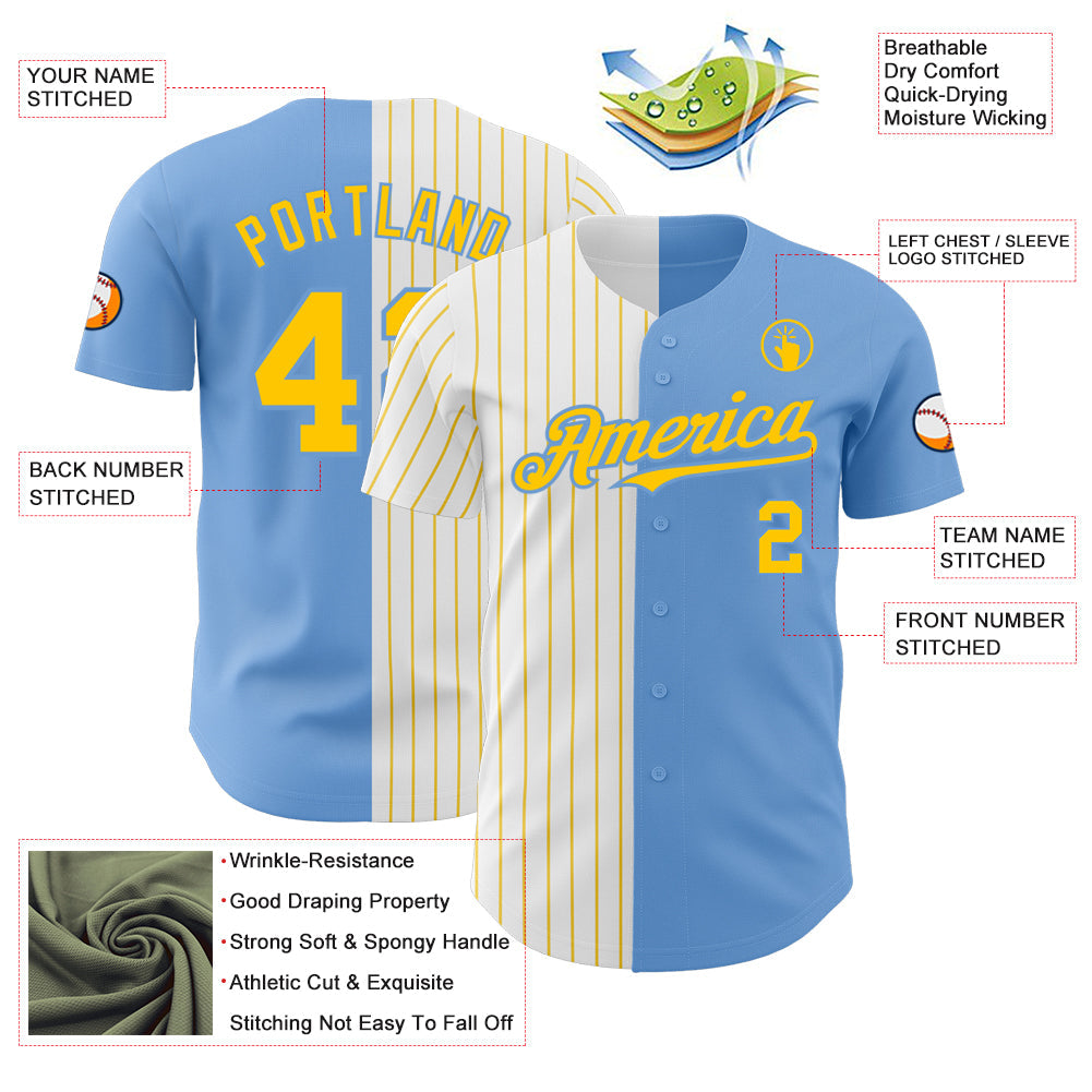 Custom Light Blue White-Yellow Pinstripe Authentic Split Fashion Baseball Jersey view 3