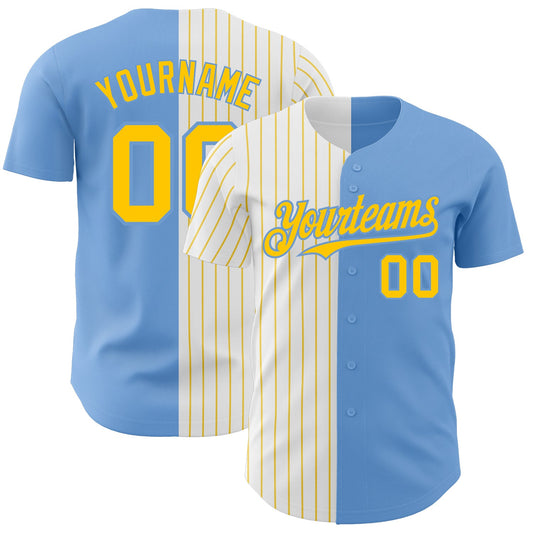 Custom Light Blue White-Yellow Pinstripe Authentic Split Fashion Baseball Jersey - Main View