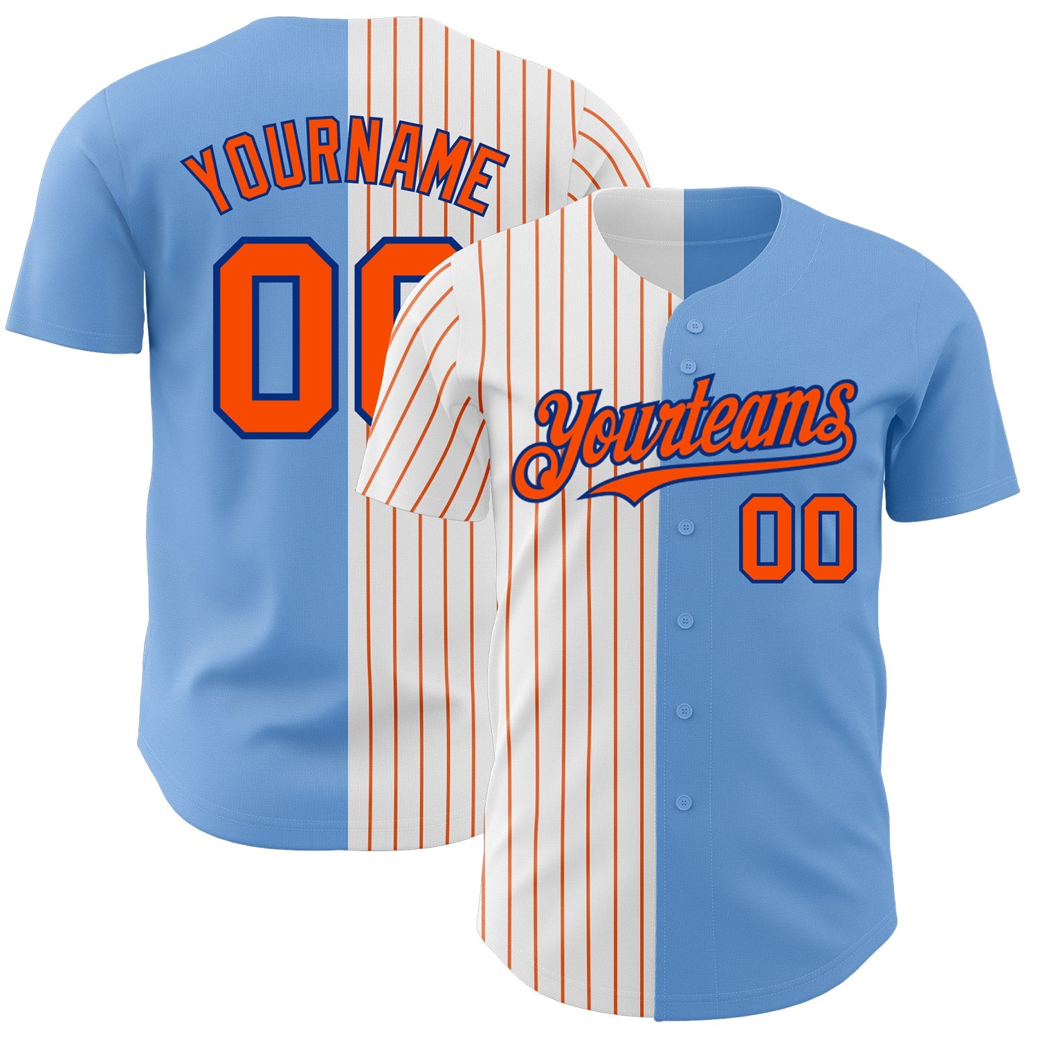Custom Light Blue Royal-Orange Pinstripe Authentic Split Fashion Baseball Jersey - Main View
