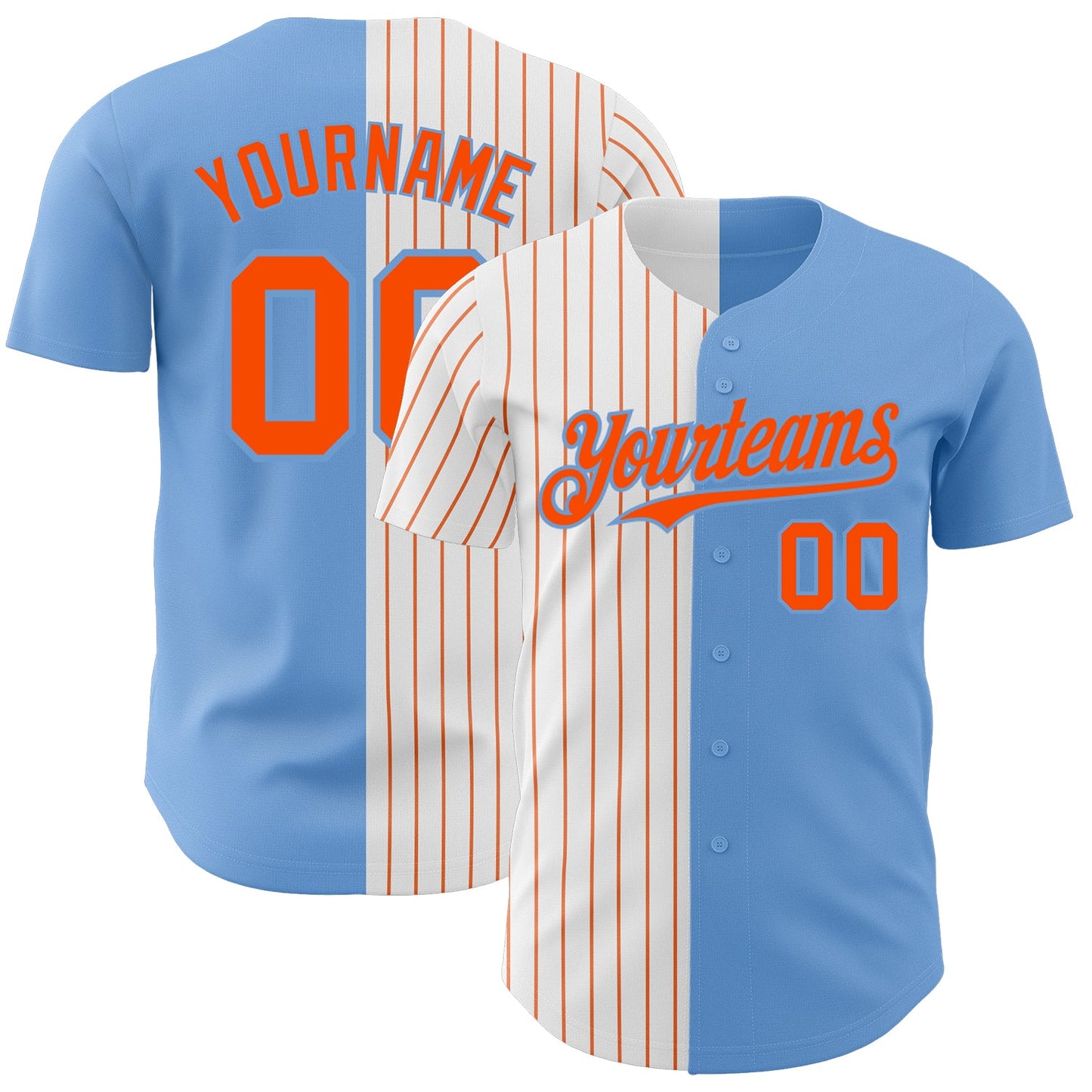 Custom Light Blue White-Orange Pinstripe Authentic Split Fashion Baseball Jersey - Main View