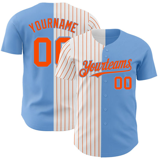 Custom Light Blue White-Orange Pinstripe Authentic Split Fashion Baseball Jersey - Main View