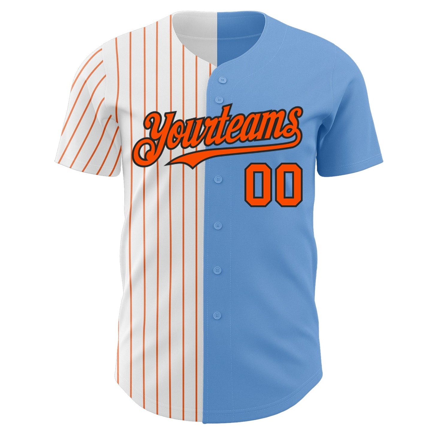 Custom Light Blue Black-Orange Pinstripe Authentic Split Fashion Baseball Jersey view 2