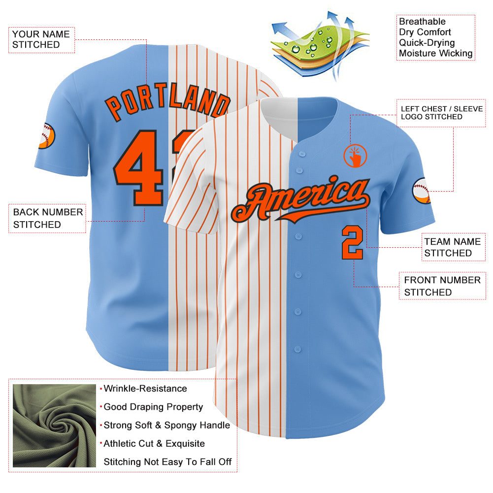 Custom Light Blue Black-Orange Pinstripe Authentic Split Fashion Baseball Jersey view 3