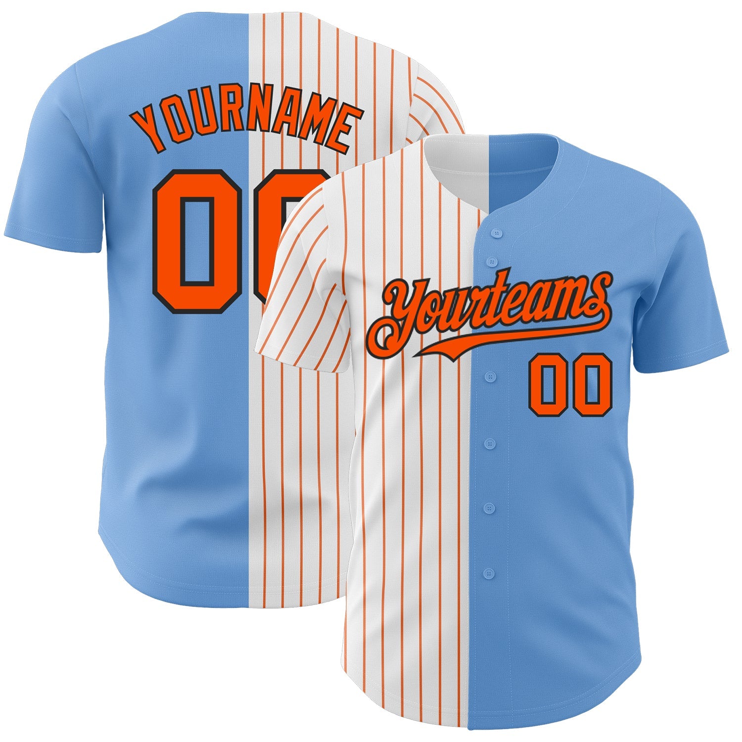 Custom Light Blue Black-Orange Pinstripe Authentic Split Fashion Baseball Jersey - Main View