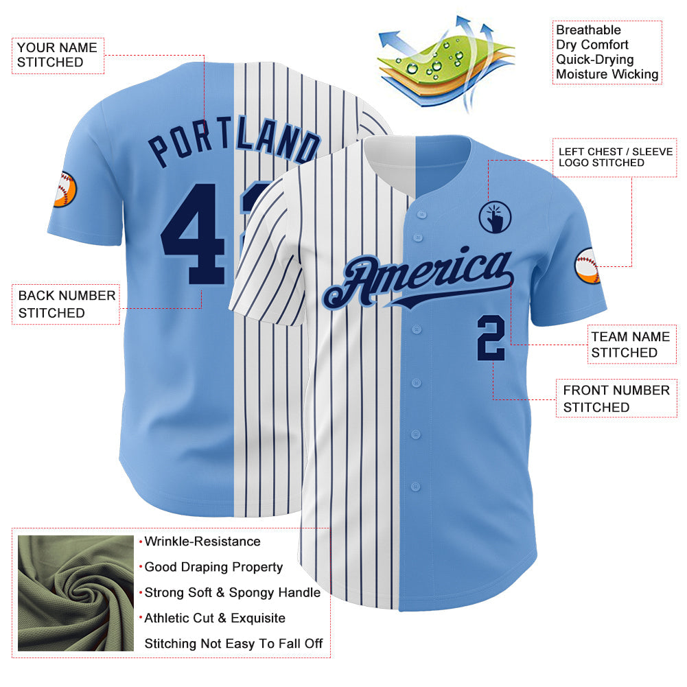 Custom Light Blue White-Navy Pinstripe Authentic Split Fashion Baseball Jersey view 3