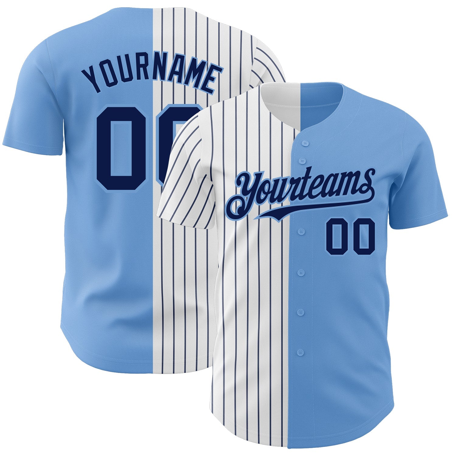 Custom Light Blue White-Navy Pinstripe Authentic Split Fashion Baseball Jersey - Main View