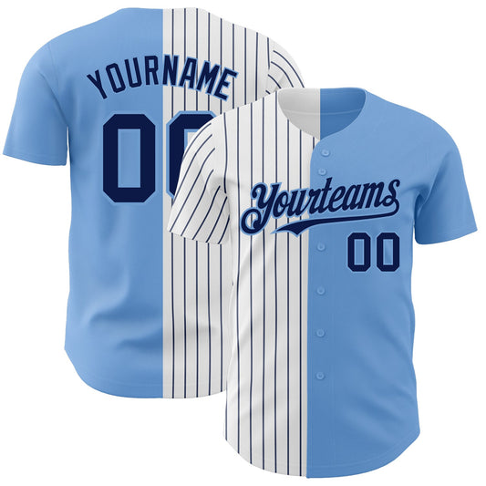 Custom Light Blue White-Navy Pinstripe Authentic Split Fashion Baseball Jersey - Main View