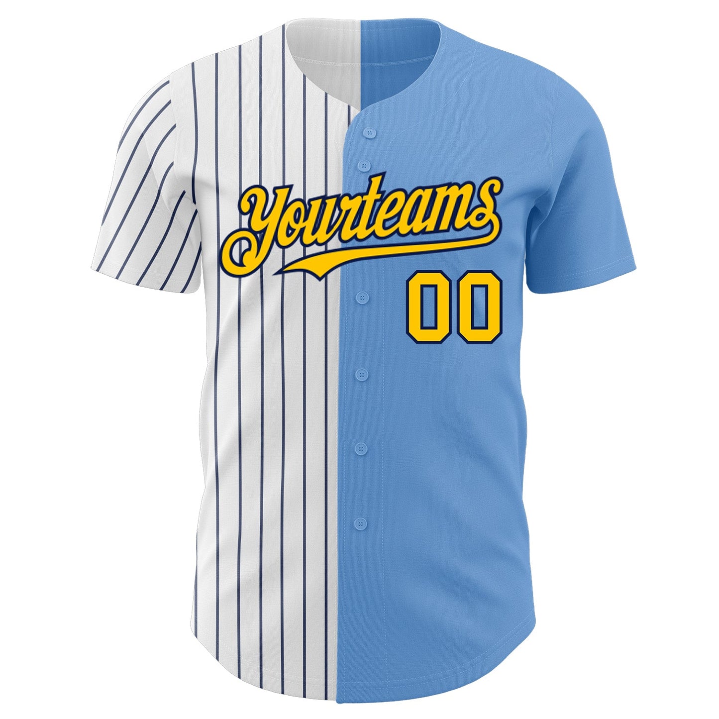 Custom Light Blue Yellow-Navy Pinstripe Authentic Split Fashion Baseball Jersey view 2