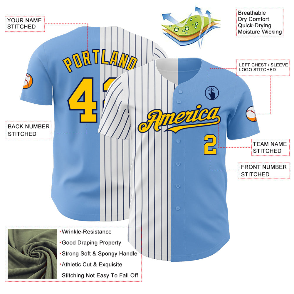 Custom Light Blue Yellow-Navy Pinstripe Authentic Split Fashion Baseball Jersey view 3