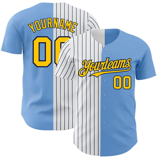 Custom Light Blue Yellow-Navy Pinstripe Authentic Split Fashion Baseball Jersey - Main View