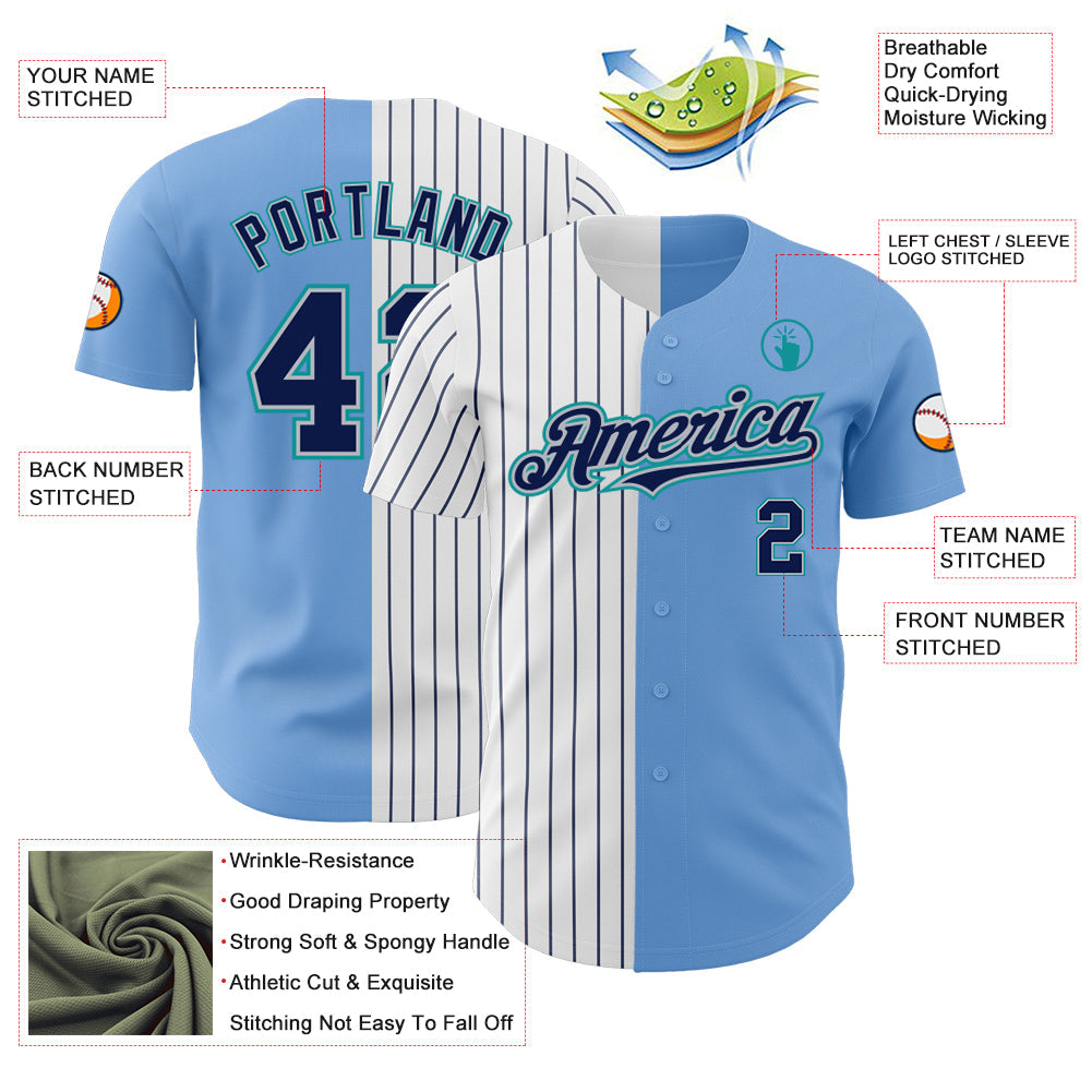 Custom Light Blue Gray Teal-Navy Pinstripe Authentic Split Fashion Baseball Jersey view 3