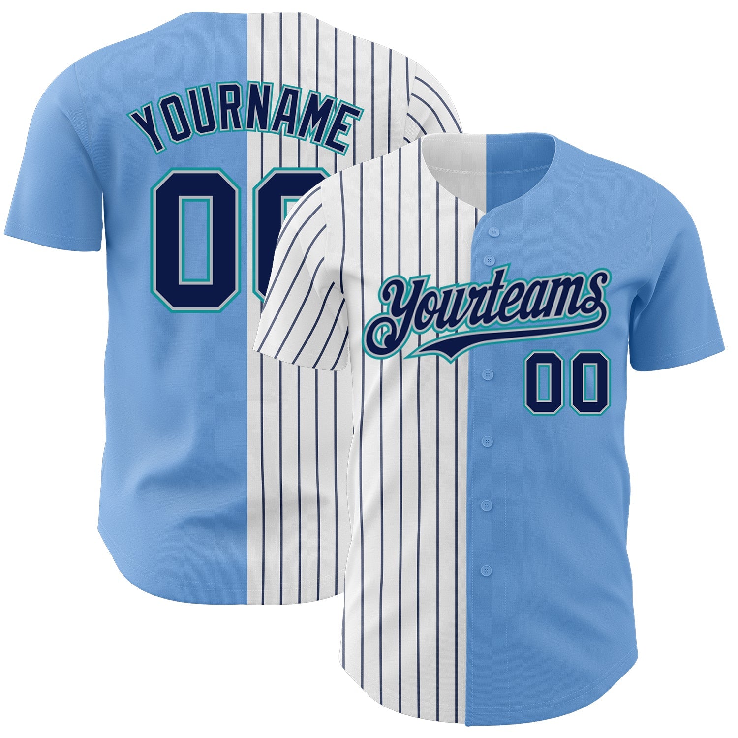 Custom Light Blue Gray Teal-Navy Pinstripe Authentic Split Fashion Baseball Jersey - Main View