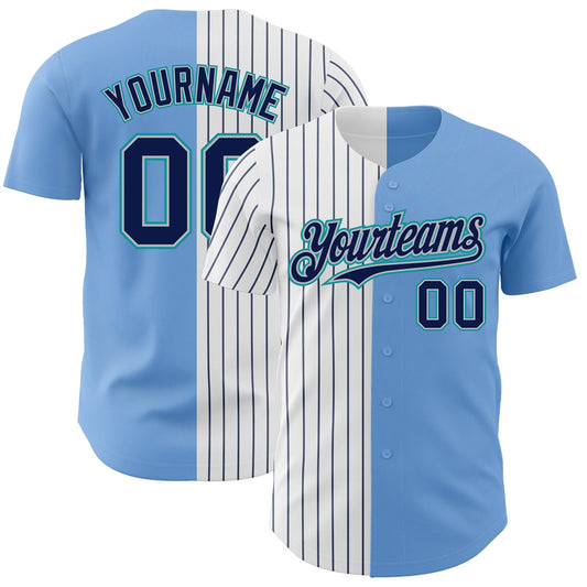 Custom Light Blue Gray Teal-Navy Pinstripe Authentic Split Fashion Baseball Jersey - Main View