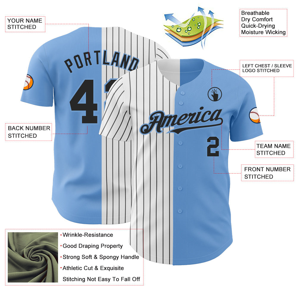 Custom Light Blue White-Black Pinstripe Authentic Split Fashion Baseball Jersey view 3