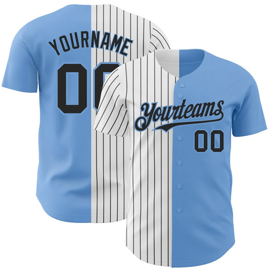 Custom Light Blue White-Black Pinstripe Authentic Split Fashion Baseball Jersey - Main View