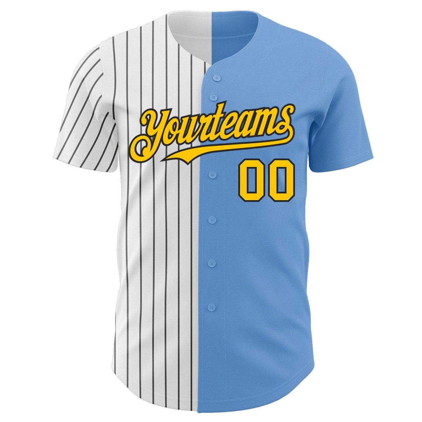Custom Light Blue Yellow-Black Pinstripe Authentic Split Fashion Baseball Jersey view 2
