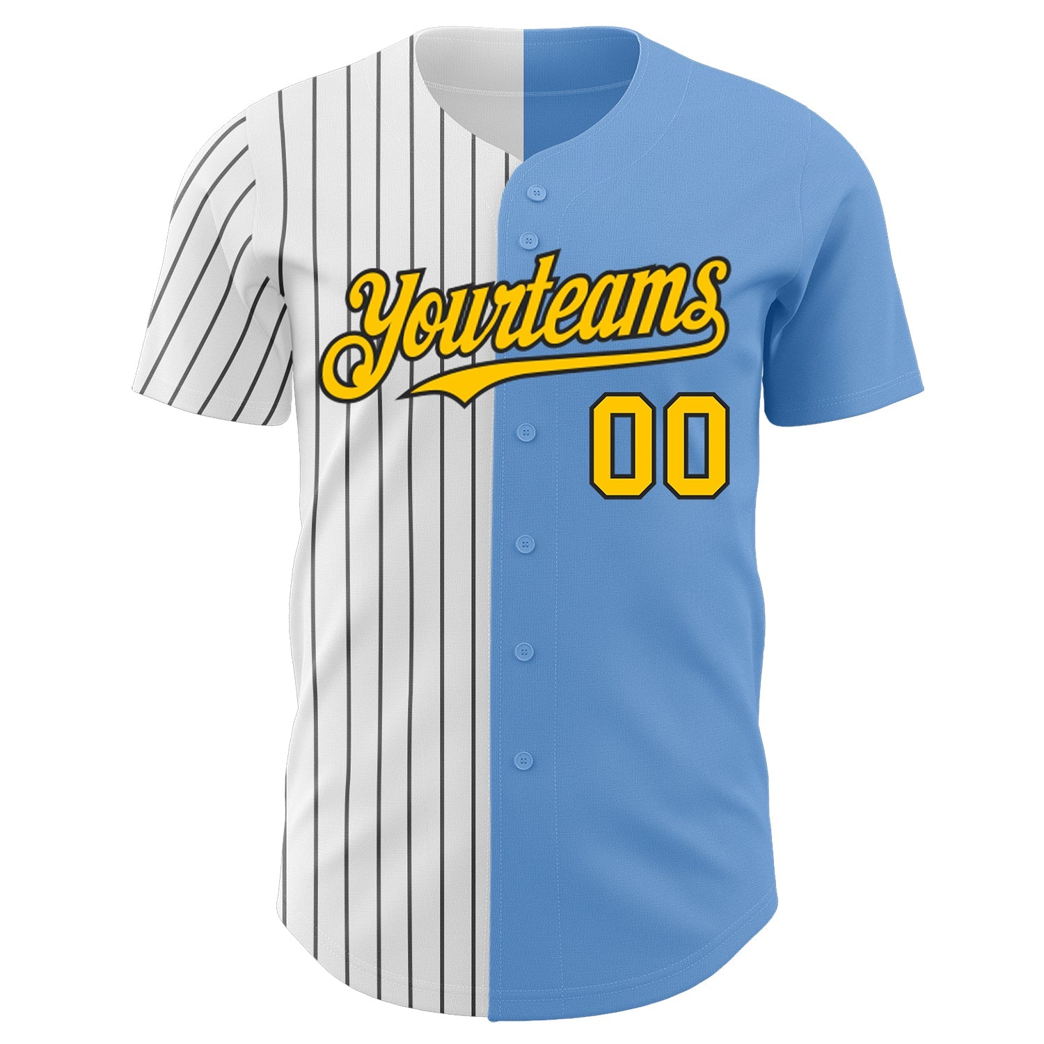 Custom Light Blue Yellow-Black Pinstripe Authentic Split Fashion Baseball Jersey view 2