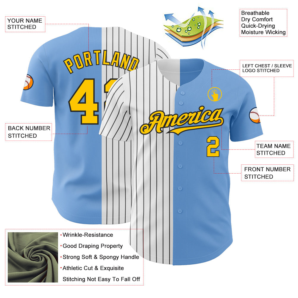 Custom Light Blue Yellow-Black Pinstripe Authentic Split Fashion Baseball Jersey view 3
