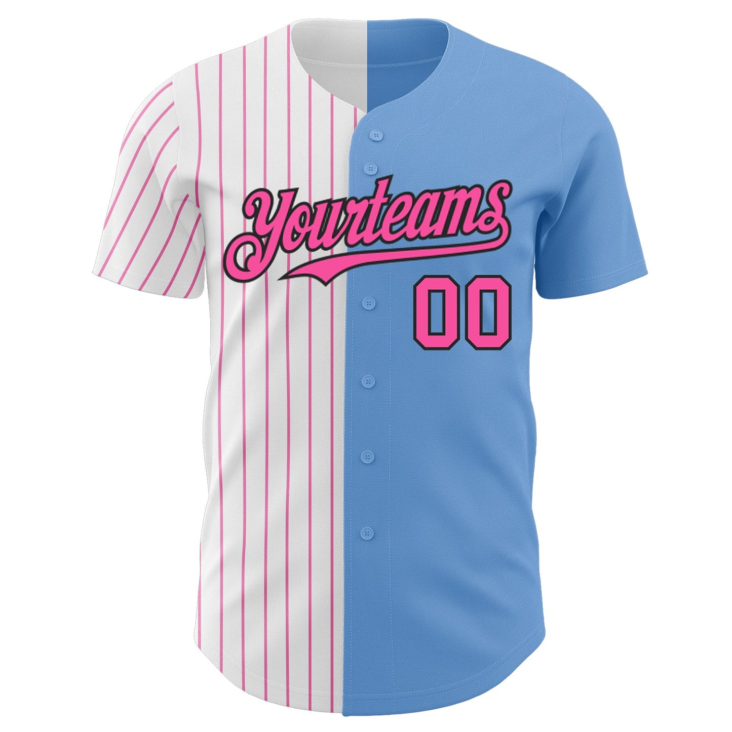 Custom Light Blue Black-Pink Pinstripe Authentic Split Fashion Baseball Jersey view 2