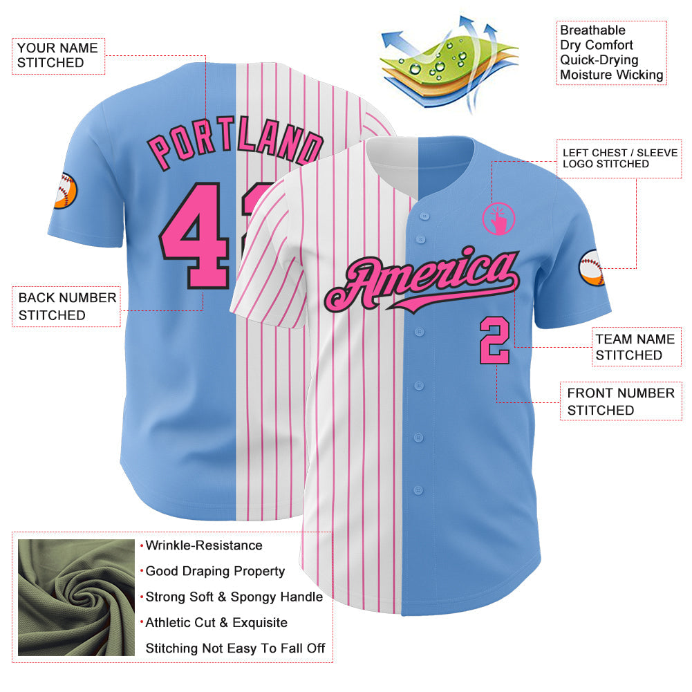 Custom Light Blue Black-Pink Pinstripe Authentic Split Fashion Baseball Jersey view 3
