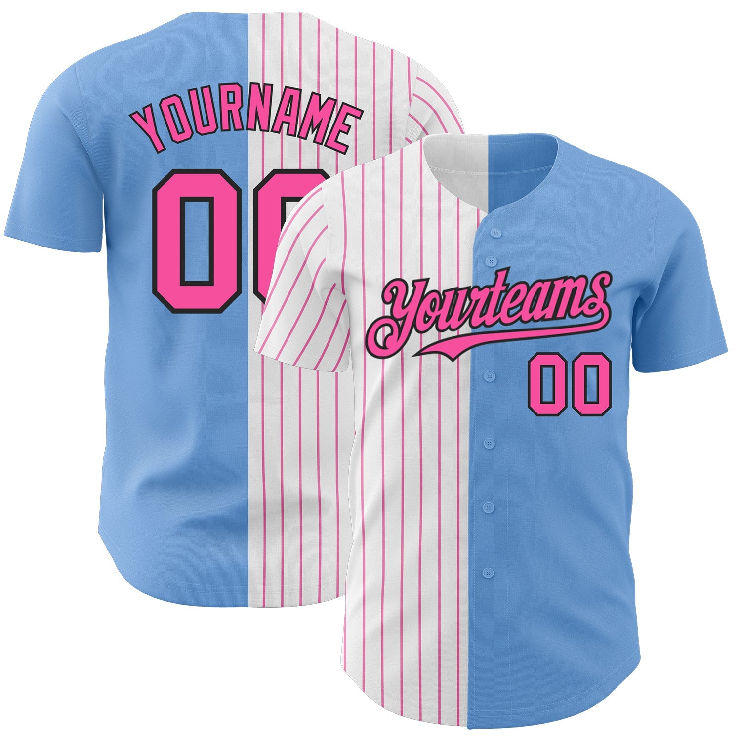 Custom Light Blue Black-Pink Pinstripe Authentic Split Fashion Baseball Jersey - Main View