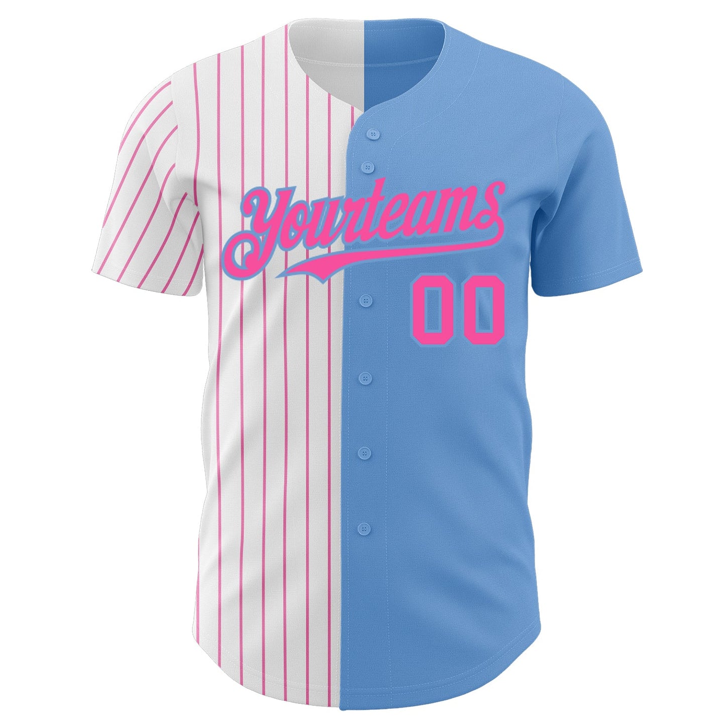 Custom Light Blue White-Pink Pinstripe Authentic Split Fashion Baseball Jersey view 2