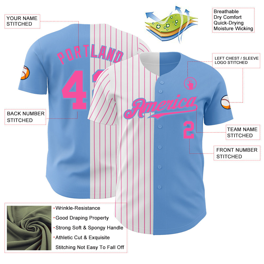 Custom Light Blue White-Pink Pinstripe Authentic Split Fashion Baseball Jersey view 3