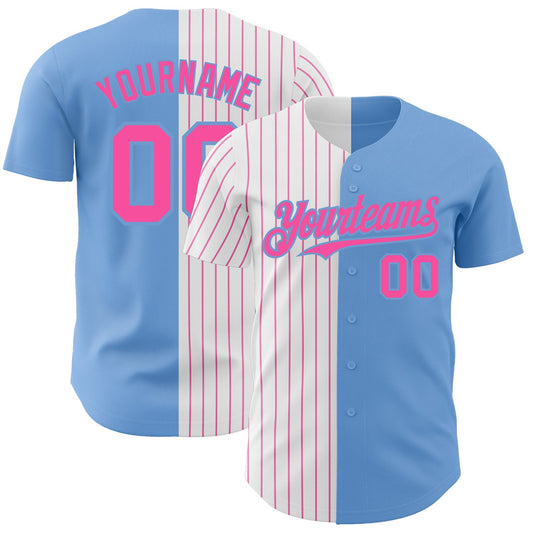 Custom Light Blue White-Pink Pinstripe Authentic Split Fashion Baseball Jersey - Main View