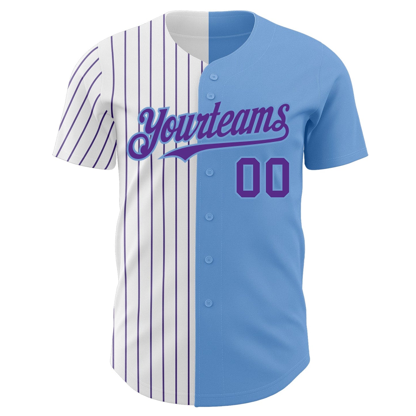 Custom Light Blue White-Purple Pinstripe Authentic Split Fashion Baseball Jersey view 2