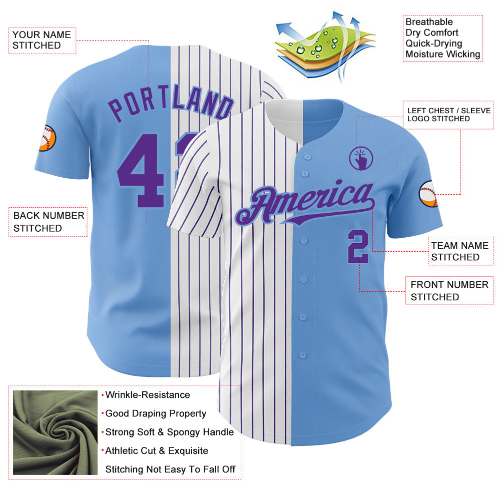 Custom Light Blue White-Purple Pinstripe Authentic Split Fashion Baseball Jersey view 3