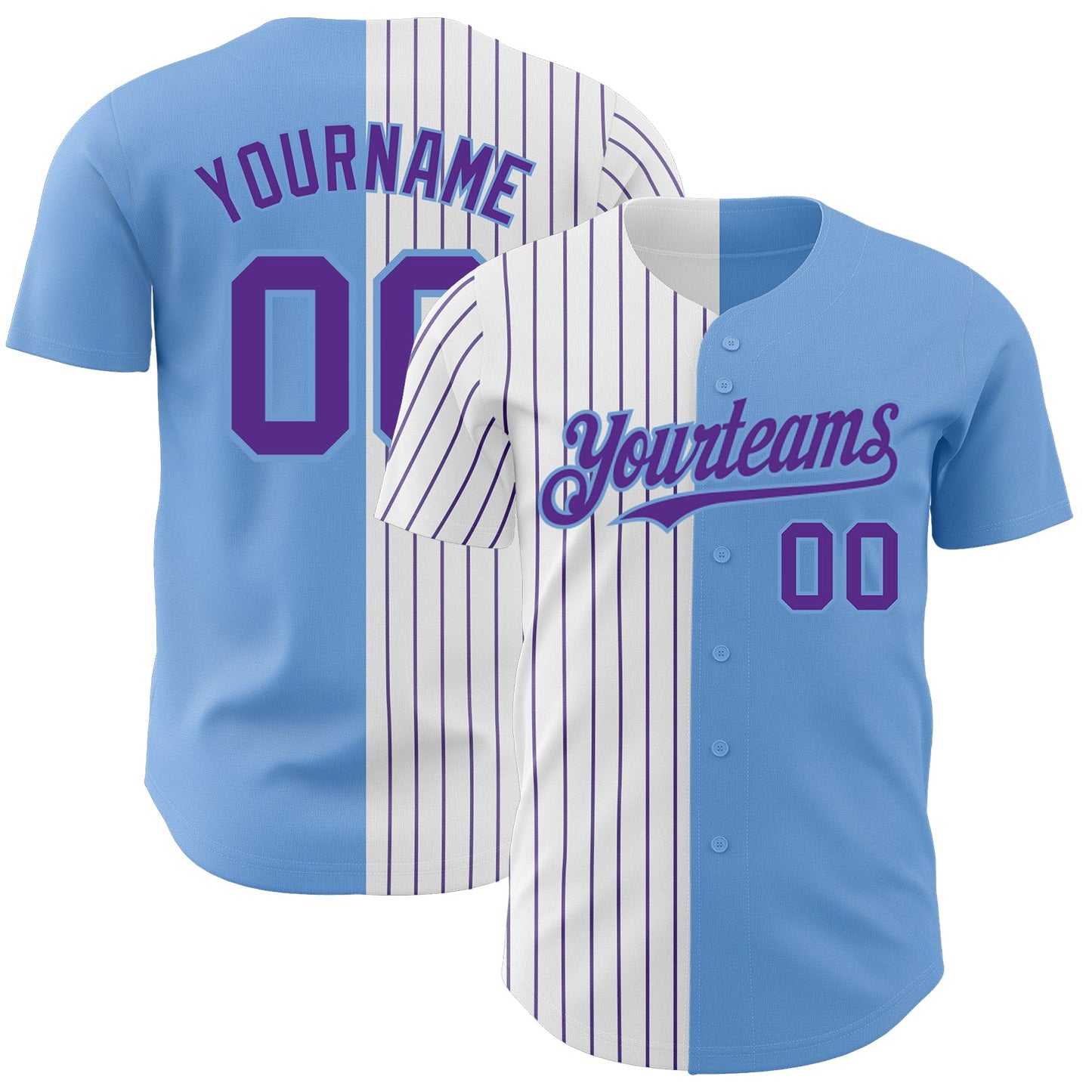 Custom Light Blue White-Purple Pinstripe Authentic Split Fashion Baseball Jersey - Main View