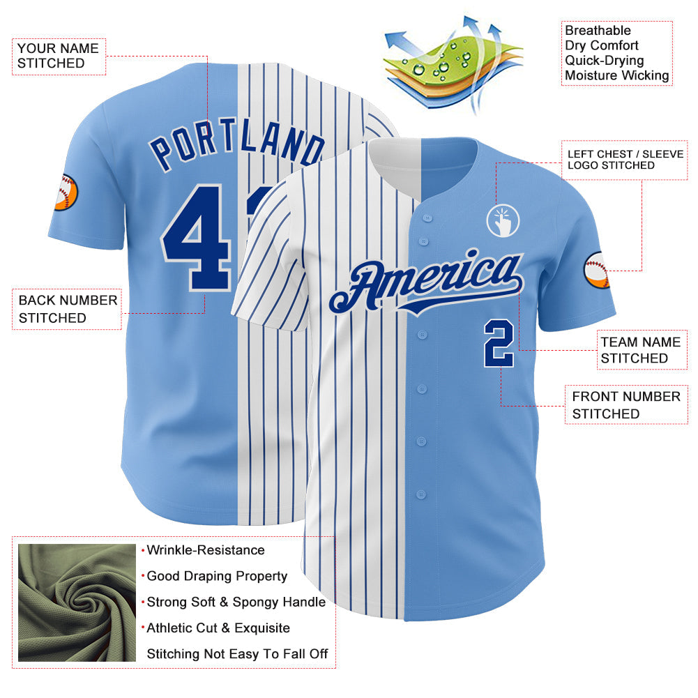 Custom Light Blue White-Royal Pinstripe Authentic Split Fashion Baseball Jersey view 3