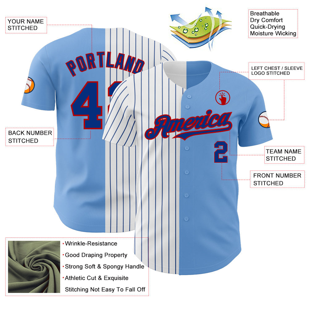 Custom Light Blue Red-Royal Pinstripe Authentic Split Fashion Baseball Jersey view 3