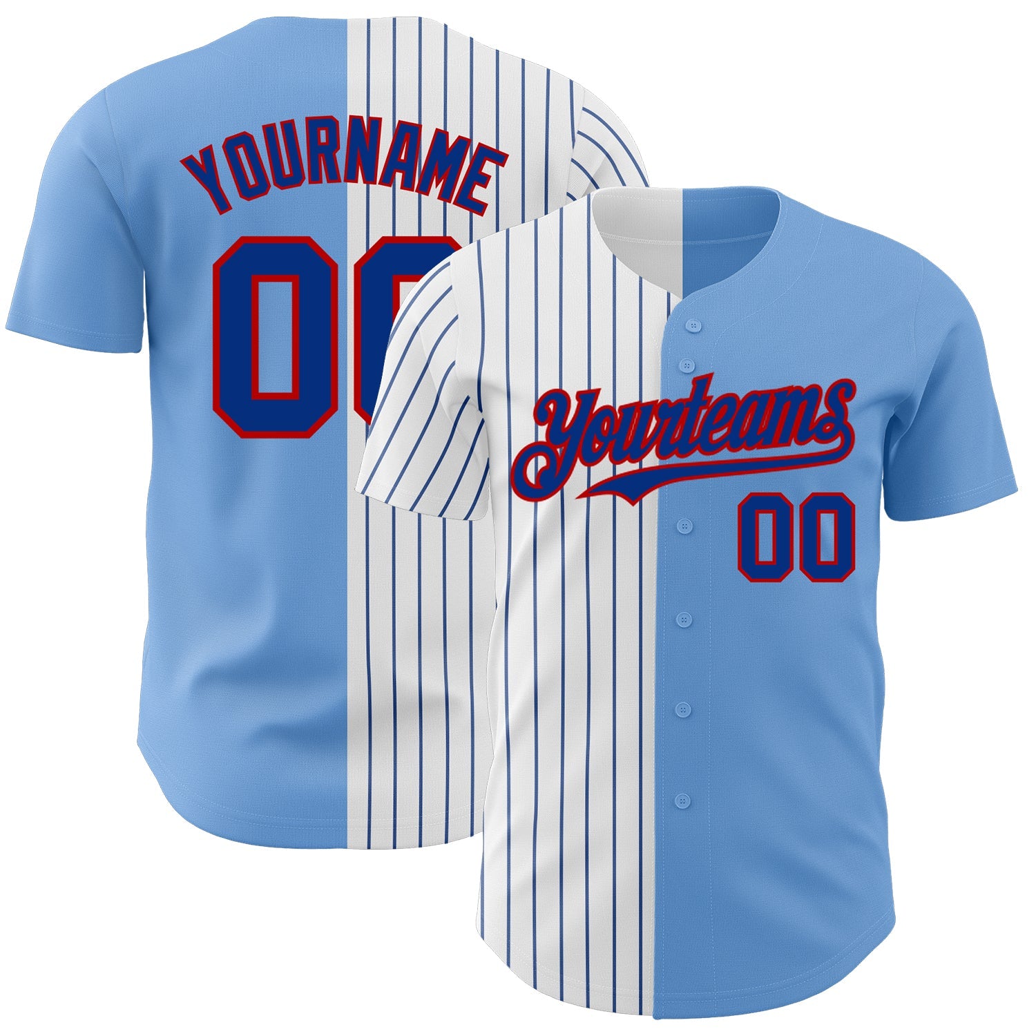 Custom Light Blue Red-Royal Pinstripe Authentic Split Fashion Baseball Jersey - Main View