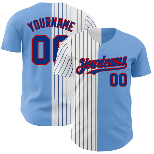 Custom Light Blue Red-Royal Pinstripe Authentic Split Fashion Baseball Jersey - Main View