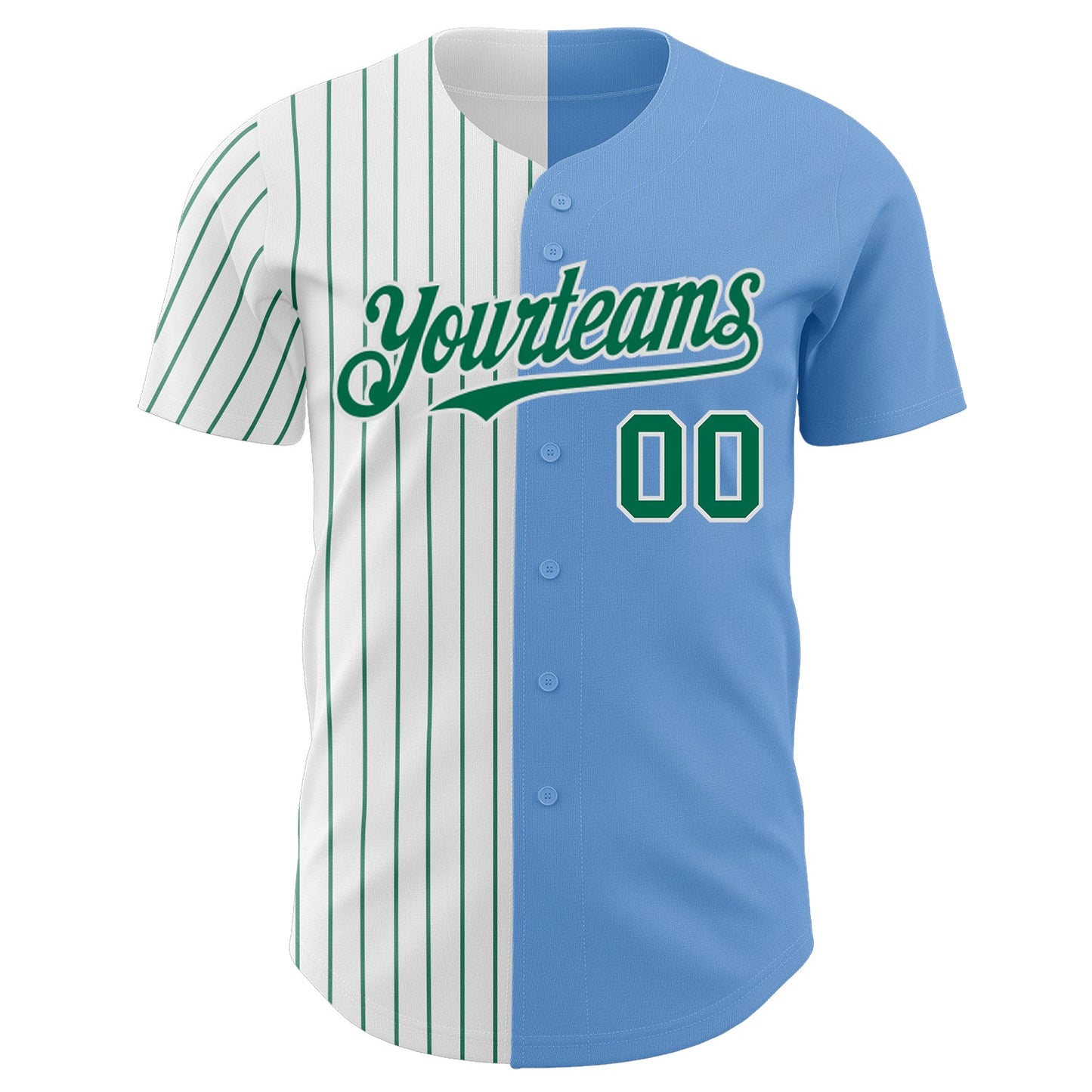 Custom Light Blue White-Kelly Green Pinstripe Authentic Split Fashion Baseball Jersey view 2