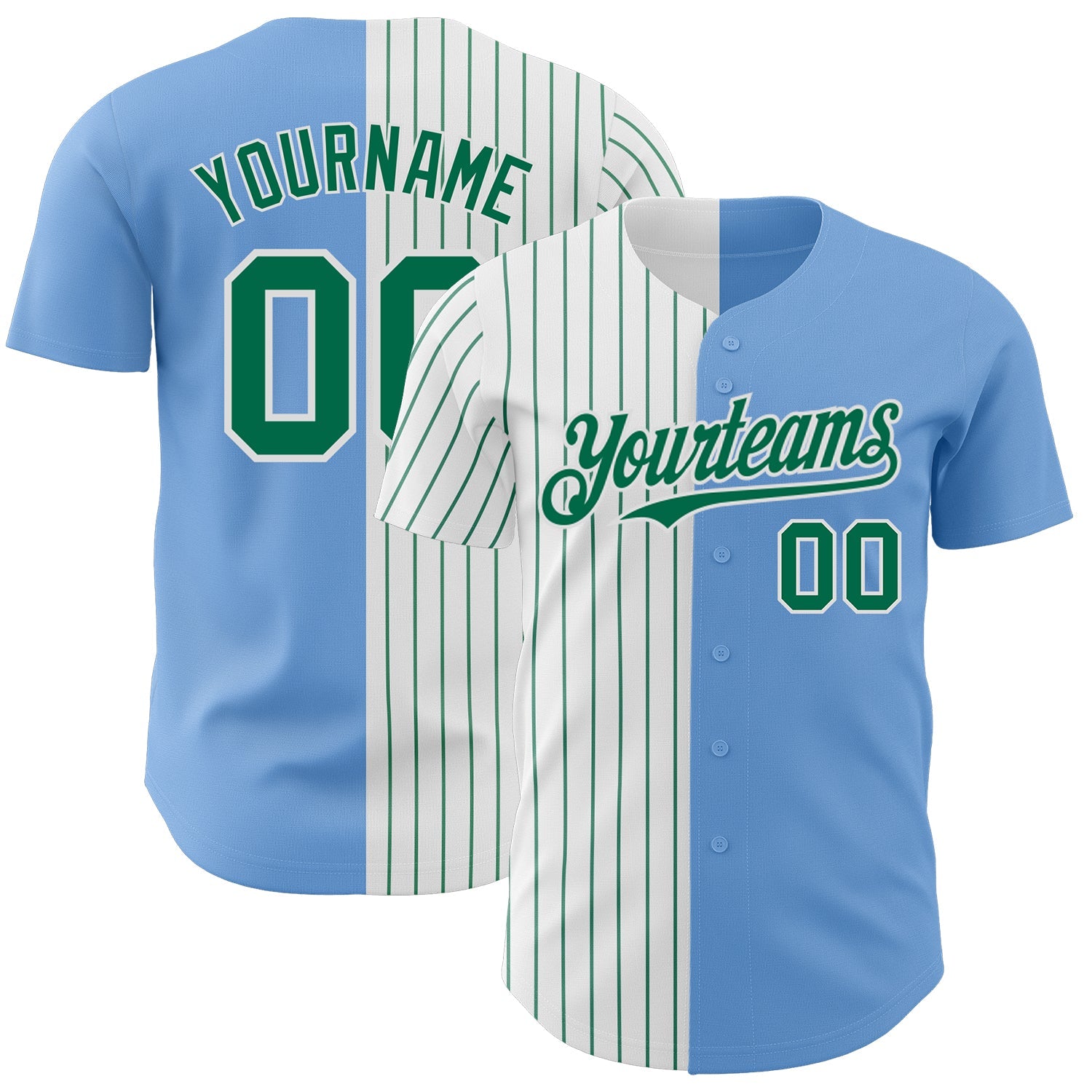 Custom Light Blue White-Kelly Green Pinstripe Authentic Split Fashion Baseball Jersey - Main View