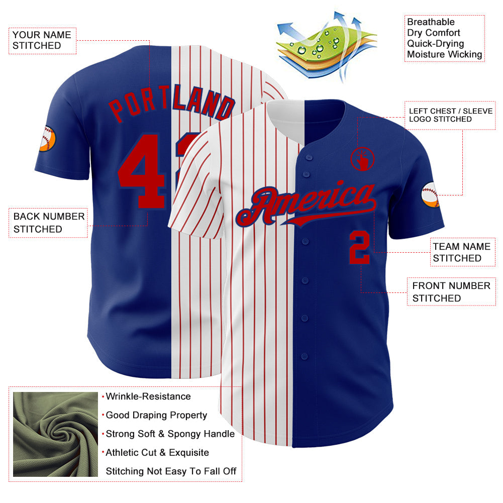 Custom Royal White-Red Pinstripe Authentic Split Fashion Baseball Jersey view 3