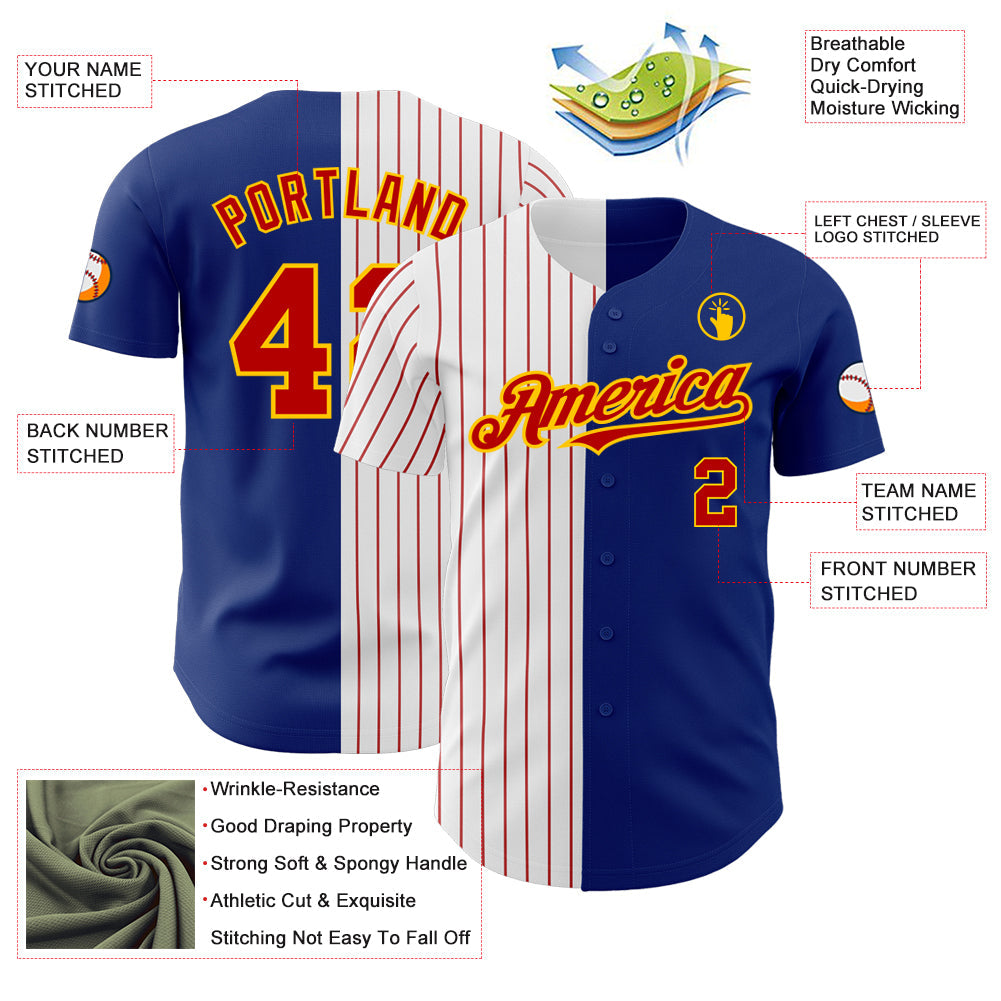 Custom Royal Yellow-Red Pinstripe Authentic Split Fashion Baseball Jersey view 3