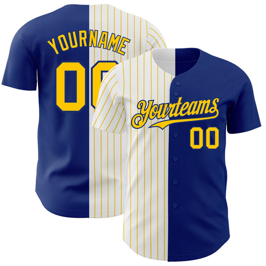 Custom Royal White-Yellow Pinstripe Authentic Split Fashion Baseball Jersey - Main View