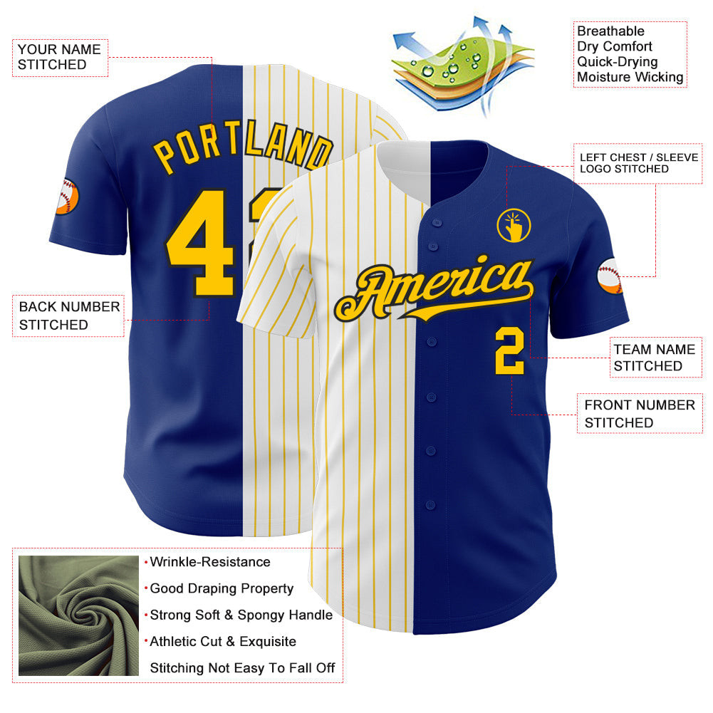 Custom Royal Black-Yellow Pinstripe Authentic Split Fashion Baseball Jersey view 3