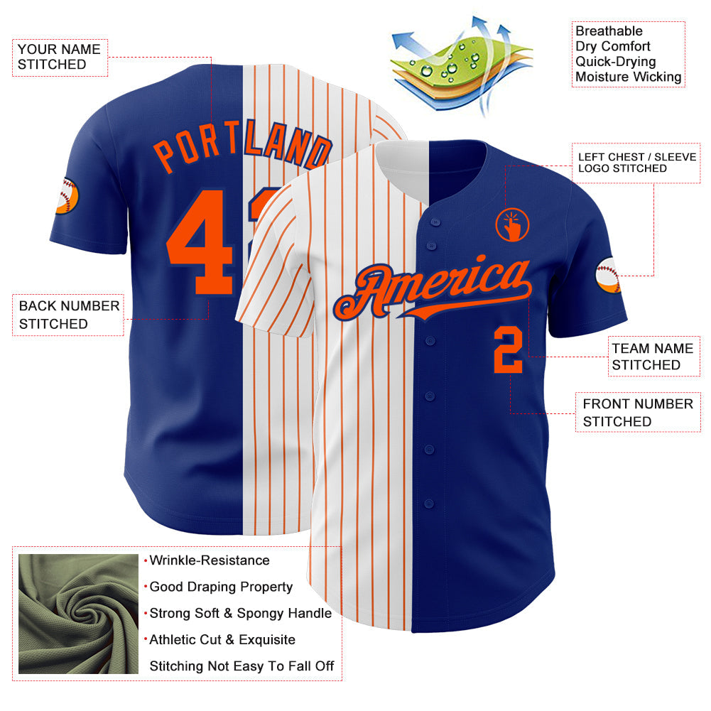 Custom Royal White-Orange Pinstripe Authentic Split Fashion Baseball Jersey view 3