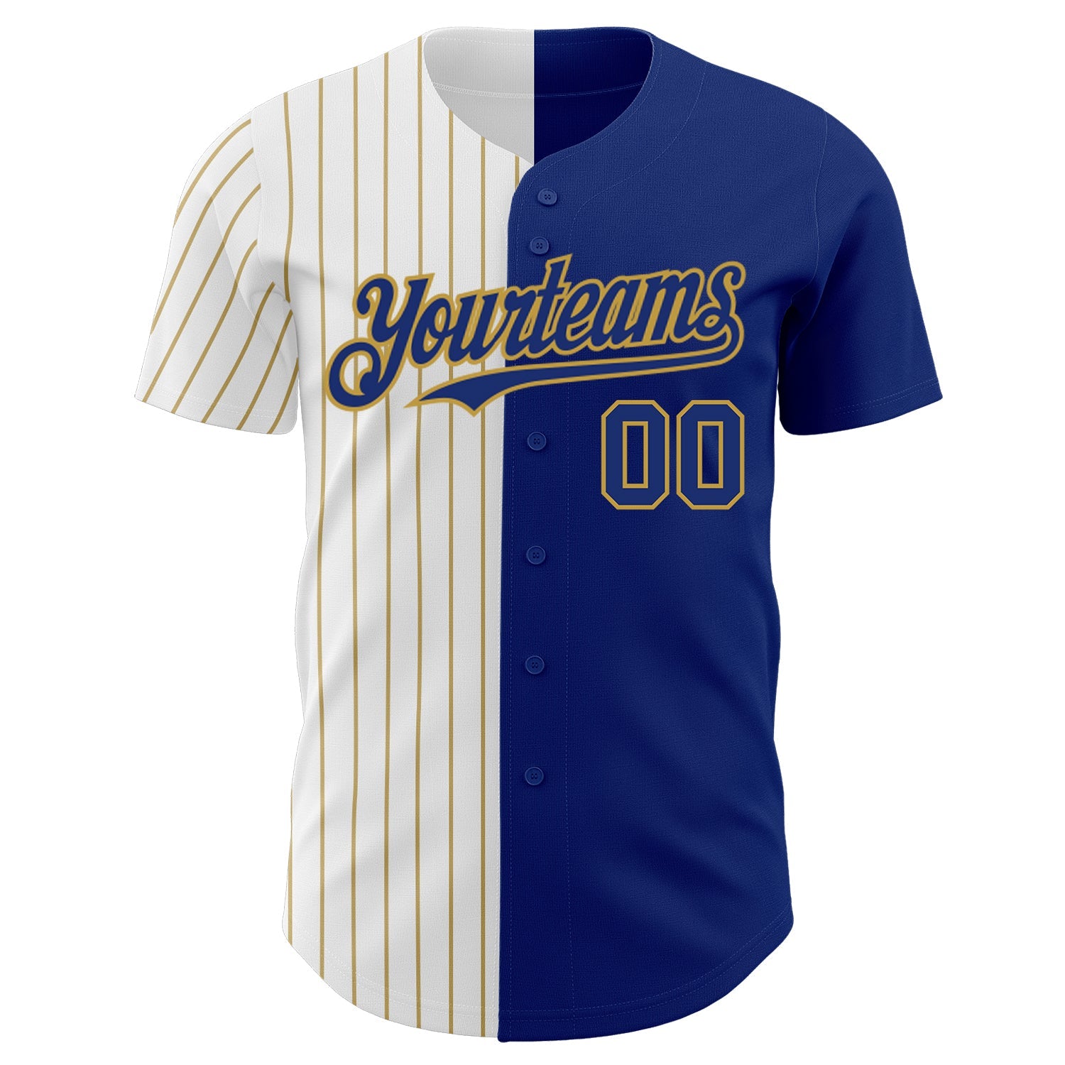 Custom Royal White-Old Gold Pinstripe Authentic Split Fashion Baseball Jersey view 2
