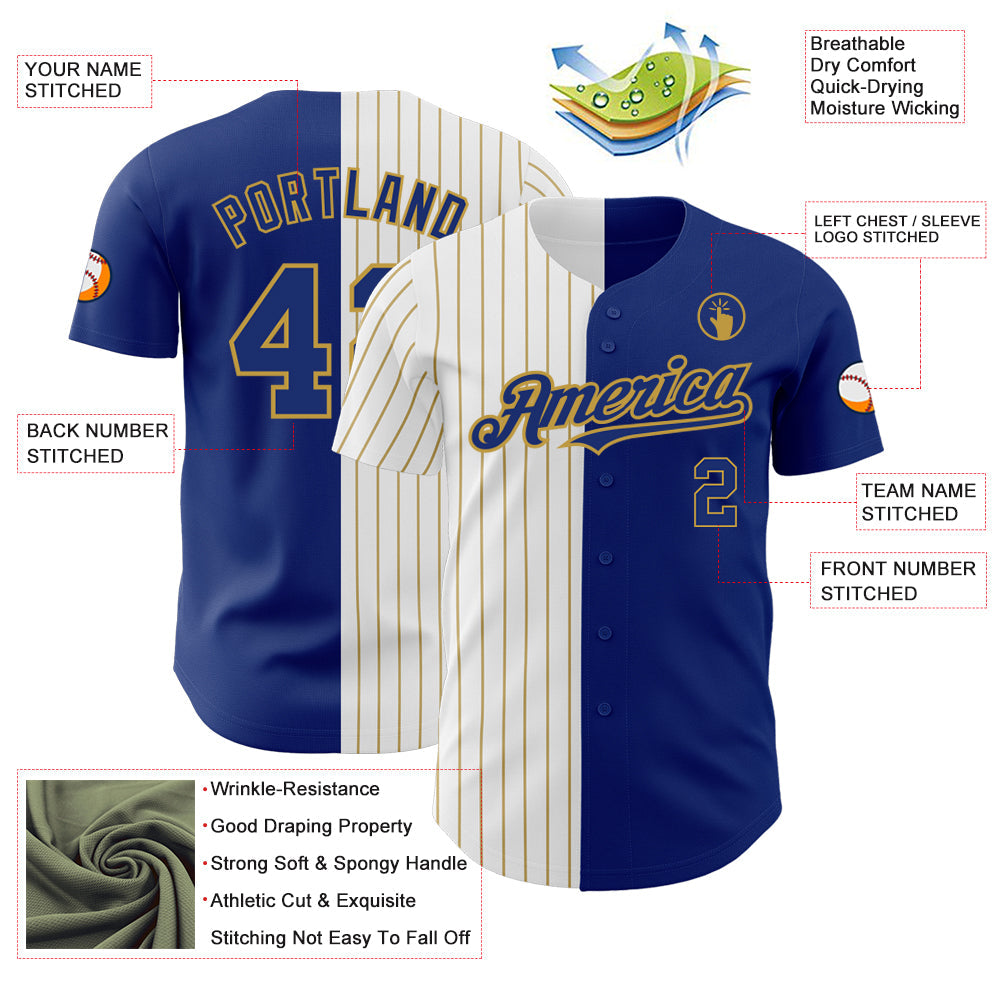 Custom Royal White-Old Gold Pinstripe Authentic Split Fashion Baseball Jersey view 3
