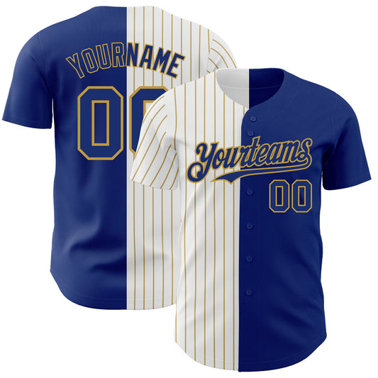 Custom Royal White-Old Gold Pinstripe Authentic Split Fashion Baseball Jersey - Main View