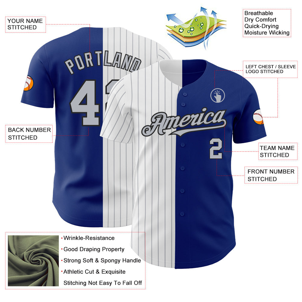 Custom Royal Black-Gray Pinstripe Authentic Split Fashion Baseball Jersey view 3