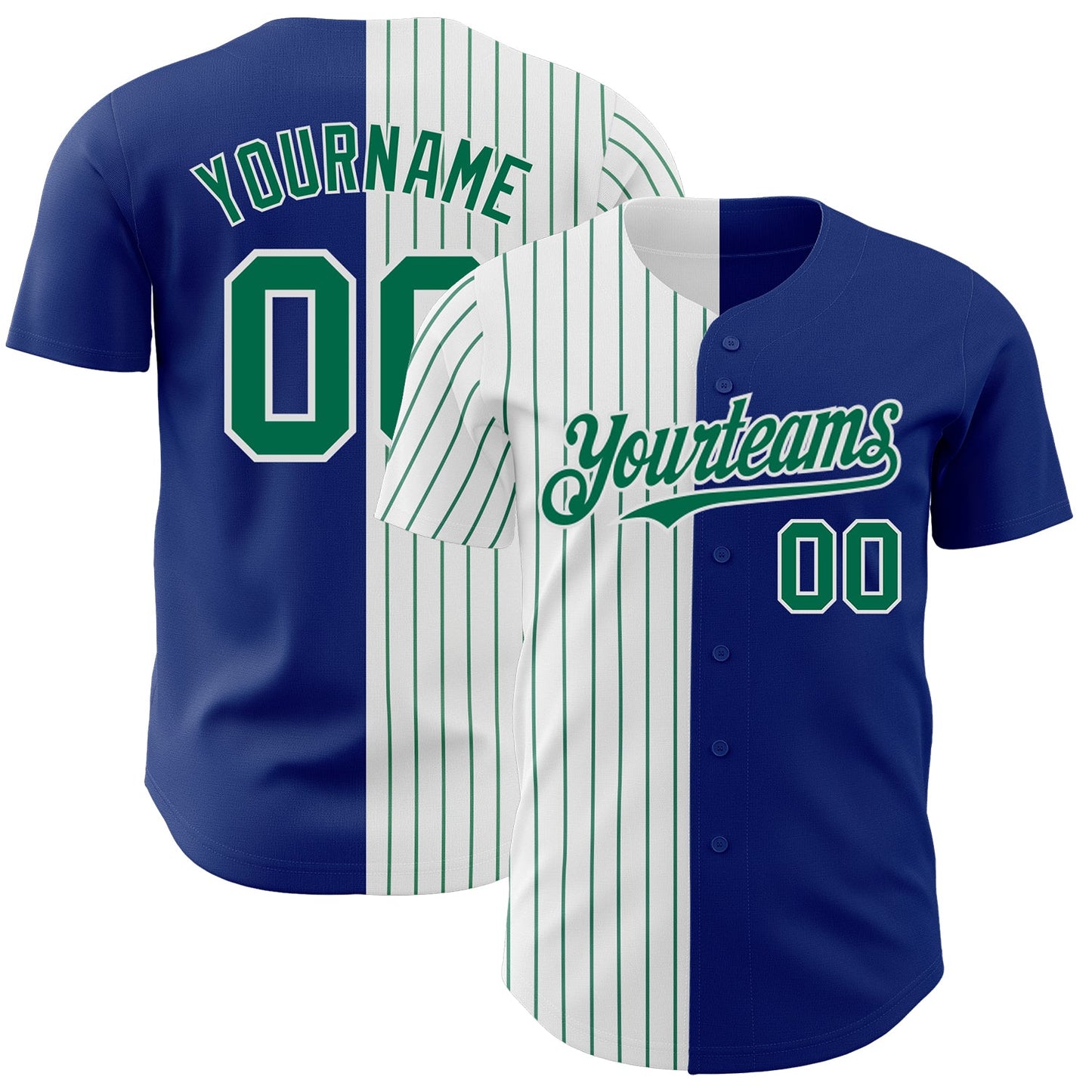 Custom Royal White-Kelly Green Pinstripe Authentic Split Fashion Baseball Jersey - Main View